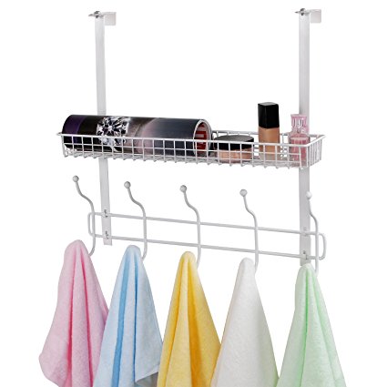 Lifewit over the Door Hanger Two Tiers with 10 Hooks and Mesh Basket Adjustable Storage Rack for Coats Hats Robes Towels Fit for 1.41-2.2" Door Thickness and 0.03" Door-frame Gap White