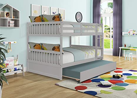 Full Over Full Bunk Bed with Trundle, Pine Wood Bunk Beds Full Over Full with Guardrail & Ladder, Can be Separated into 2 Full Bed, Bunk Bed for Kids Girls Teens Adults (Full, Grey)