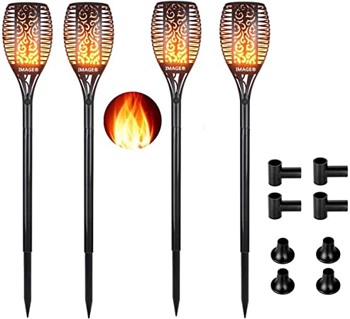 Solar Torch Lights,IMAGE LED Solar Path Light with Flickering Flame, Solar Tiki Torches, Waterproof Wireless Outdoor Halloween Christmas Garden Decorations Landscape Pathway Lighting with Auto On/Off Dusk to Dawn (4 PCS)