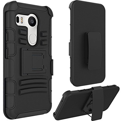 Nexus 5X Case ,[Umbrella Series] Heavy Duty Impact Resistant Shockproof Dual Layer Armor Defender Protective Case With Kickstand Swivel Belt Clip Holster Cover For LG Google Nexus 5X(Black)