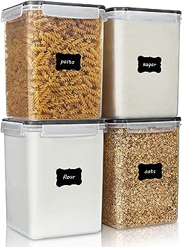 Vtopmart 4 Pcs Large Pantry Food Storage Containers 5.2L/176oz, BPA Free Plastic Airtight Kitchen Organizers and Storage for Flour, Cereal, and Pasta with 4 Measuring Cups and 24 Labels, Black