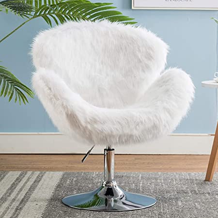 White Makeup Vanity Chair, Cute Furry Home Office Chair with Wheels Arms, Fluffy Swivel Accent Chair for Girls Bedroom Living Room,White Long Fur