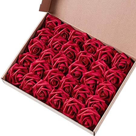 N&T NIETING Artificial Flower Rose, 30Pcs Dark Red Real Touch Fake Foam Roses for Wedding Bouquets Party Baby Shower Home Decoration