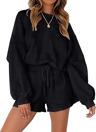 MEROKEETY Women's 2024 Fall Oversized Batwing Sleeve Lounge Sets Casual Top and Shorts 2 Piece Outfits Sweatsuit