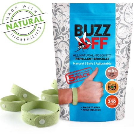 Buzz-Off 100% Natural Mosquito Repellent Bracelet Five (5) Pack - Deet Free - Guaranteed to Work - Fast, Easy Deters Bugs for Hours - Natural Oil Repellent Wristband - Kid Safe Insect Bracelets