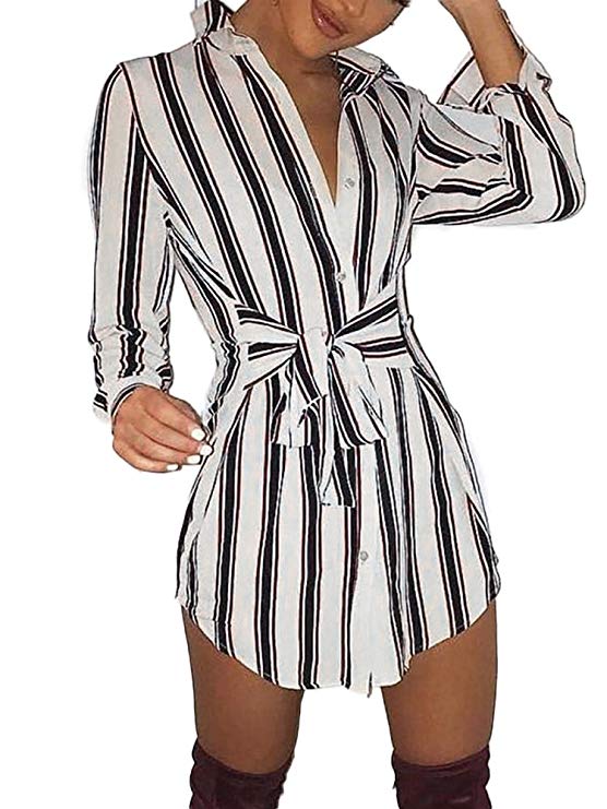 Ninimour Womens Self-Belt Stripe Print Casual Shirt Blouse Dress