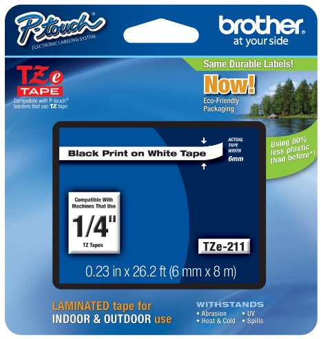 Brother P-touch ~1/4" (0.23") Black on White Standard Laminated Tape - 26.2 ft. (8m)