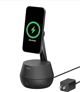 Belkin Auto Face Tracking Tripod Pro w/DockKit, MagSafe Compatible Wireless Smart Charging Mount, No App, 360° Rotation Face & Body Tracking Stand, iOS Integration for iPhone 15 & More   5ft AC Plug