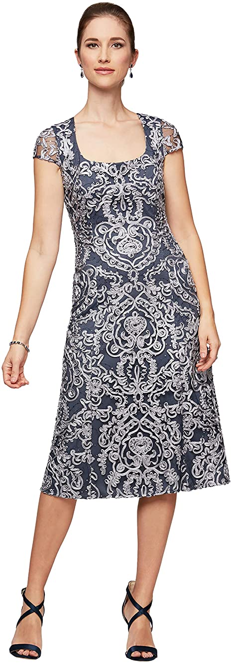 Alex Evenings Women's Tea Length Dress with Rosette Detail