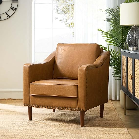 HULALA HOME Faux Leather Accent Armchair with Back & Seat Cushions, Traditional Club Chair with Nailhead Trim, Comfy Upholstered Sofa Chair for Bedroom Living Room, Camel