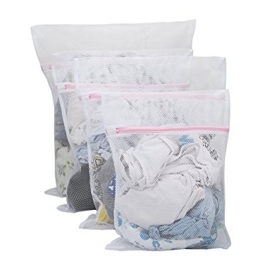 Vivifying Large Net Washing Bag, Set of 4 Durable Coarse Mesh Laundry Bag with Zip Closure for Clothes, Delicates (White）