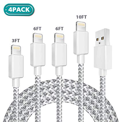 Vasea Charger Cable 4pack 3/6/6/10ft Nylon Braided USB Fast Charging & Syncing Cord Compatible Phone XS/XS MAX/XR/X/8/7 Plus/6S/6/SE and More(Sliver)