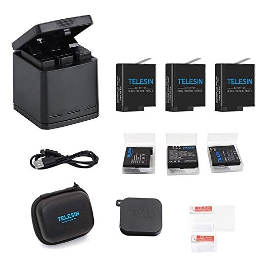 TELESIN Triple Battery Charger Set Charging Box   3 Batteries with Storage Cases, USB Type-C Cable, Camera Lens Cover, Screen & Lens Protector Film 6 in 1 Accessory Kit for GoPro Hero2018/Hero 6/Hero 5