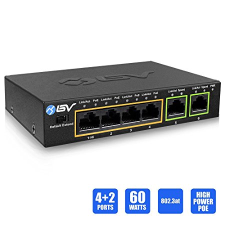 BV-Tech 4 Port PoE  Switch with 2 Ethernet Uplink and Extend Function – 60W – 802.3at   1 High Power PoE Port