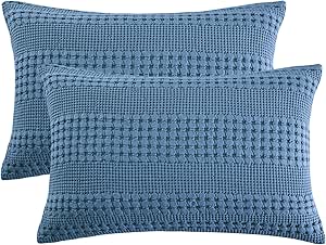 PHF 100% Cotton Waffle Pillowcases Queen Size, 2 Pack Soft Breathable Skin-Friendly Pillow Sham, Aesthetic Decorative Waffle Weave Pillow Case Covers, 20" X 30", No Filling, Captain's Blue