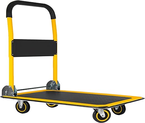 Upgraded Lifetime Home Extra Large Foldable Push Cart Dolly | 660 lbs. Capacity Moving Platform Hand Truck | Heavy Duty Space Saving Collapsible | Swivel Push Handle Flat Bed Wagon - Yellow