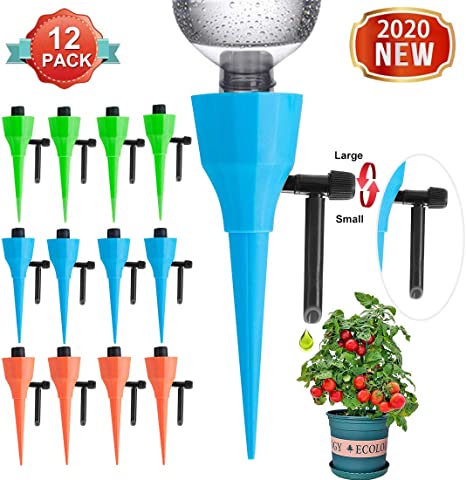 【2020 UPGRADE】Plant Self Watering Spike devices, Auto Waterer Spikes, Automatic Irrigation System for Potted, Vacation Drip Plants System for Plants-Never Stopping Constant pressure Flow(12Pack)