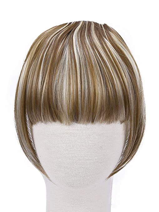 REECHO Fashion Full Length Synthetic Clip in Hair Bangs Extensions Fringe Hair Extensions Color - Light Brown with Light Blonde Highlights