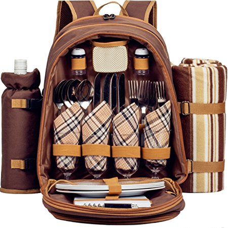 ALLCAMP Picnic Backpack 4 person With Cooler Compartment, Detachable Bottle/Wine Holder, Fleece Blanket, Plates and Cutlery Set (brown)