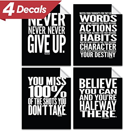 Motivational Quote Workout Gym Poster - 8" x 10" - Set of 4 - Classroom Office Wall Art Decals - Inspirational Teen Boy Girl Fitness Success Sports Goal Hard Work Decor - Adhesive Black Finish