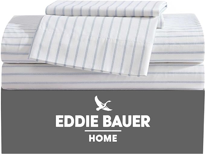 Eddie Bauer - Queen Sheets, Cotton Percale Bedding Set, Crisp & Cool Home Decor (Essential Stripe White, Queen)