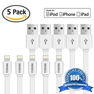 Lightning Cable Cord USB Charging Cables - YUNSONG 5FT for iPhone 7, 7Plus, 6s, 6s Plus, 6, 6Plus, 5s, 5c, 5, iPad Pro, Air, Air2, Mini, Mini2 Pad 4th Gen, iPod Touch 5th gen, Nano 7th Gen [5-Pack]