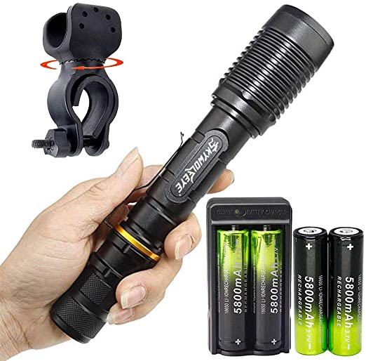 1 Set Tactical 350000LM Zoomable 5 Modes Portable T6 LED 18650 Flashlight 5800mAh Rechargeable Batteries Dual Smart Battery Chargers Bike Clip for Camping Hiking Running Outdoor