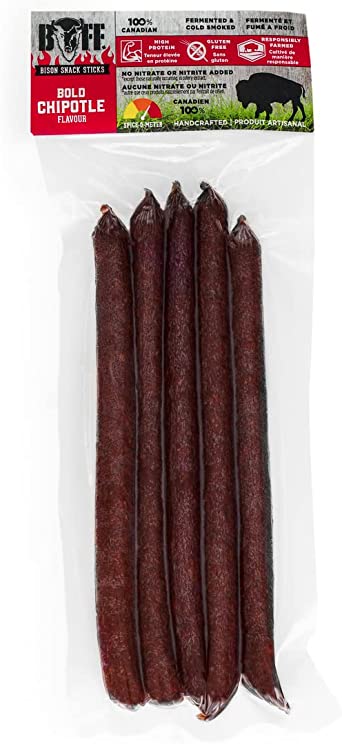 BUFF Bison Meat Sticks, Canadian-Raised, Grass-Fed Protein Snack, 5 Sticks Per Pack, Chipotle, 125g