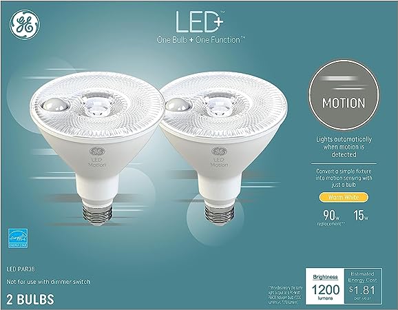 GE Lighting LED  Motion Sensor LED Light Bulbs, Security Light, PAR38 Outdoor Floodlight, Warm White 2 Count (Pack of 1)