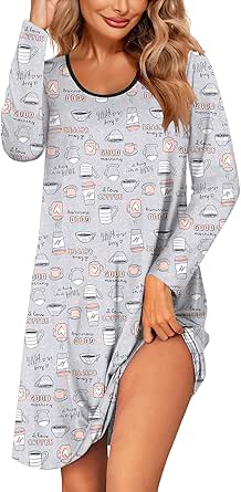 Ekouaer Womens Long Sleeve Nightgowns Sleep Shirts Cute Pajama Dress Casual Sleepwear Printed Nightshirts Tshirt Dress S-2XL