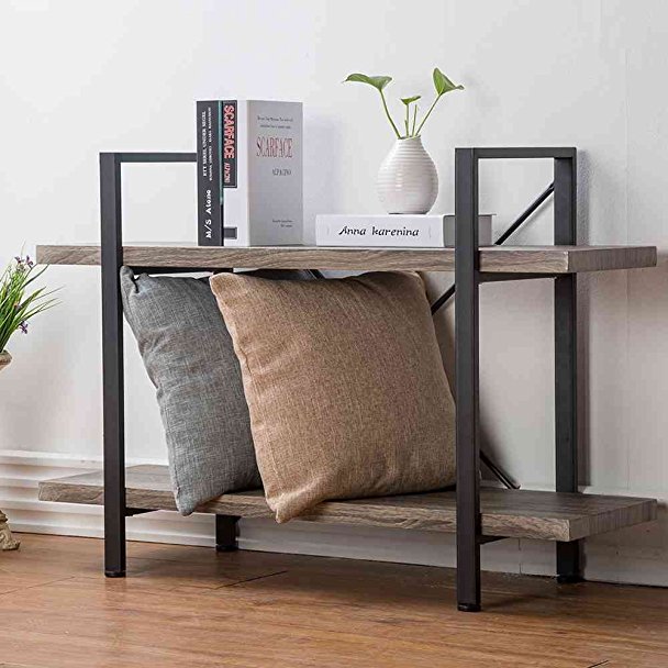 HSH Furniture 2-Shelf Bookcase, Industrial Wood Display and Storage Bookshelf, Dark Oak