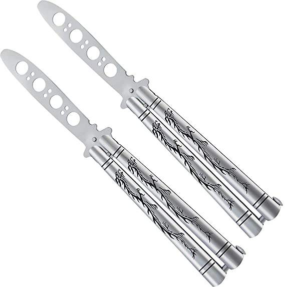 Fecedy 2pcs Silver Practice Tool Tactical Combat Trainer Folding Butterfly Stainless Steel Handle Blunt with Round Holes,No Sharp,No Blade