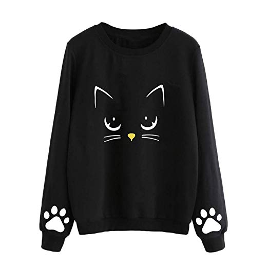 PERFURM Womens Cute Cat Printing Sweatshirt Shirt Tops Girls Cute Cat T-Shirt