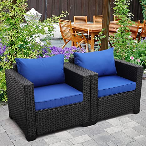 Patio Rattan Wicker Single Chair-Outdoor Armchair Sofa Furniture with Anti-Slip Blue Cushion,Steel Frame,Set of 2