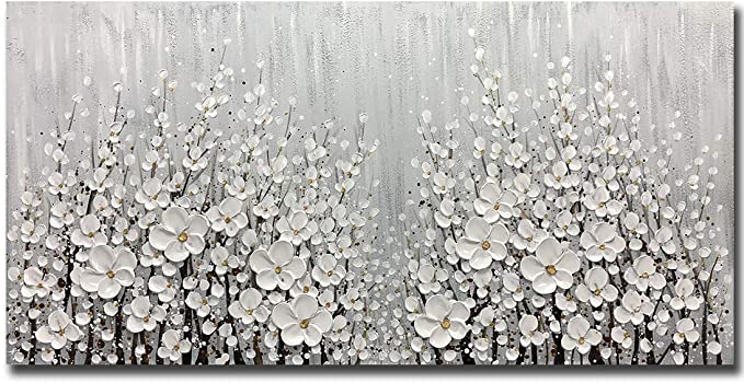 V-inspire Art, 24x48 Inch Hand Painted 3D White Flowers Wall Art Abstract Canvas Oil Paintings Wall Decorations for Living room Dining room Bedroom Artwork for Home Walls