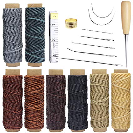 Homgaty 18pcs Leather Waxed Thread 440 Yards Sewing Waxed Thread Cord with Hand Sewing Needles, Drilling Awl and Thimble Tools for Leather Upholstery Craft DIY