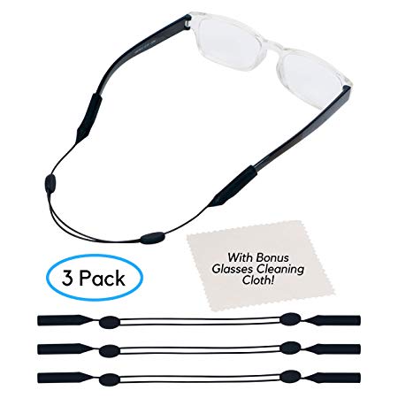 Sidelinx Adjustable Eyewear Retainer 3 Pack - No Tail Sunglass Strap - Eyeglass String Holder - With Bonus Glasses Cleaning Cloth - 3 Pack