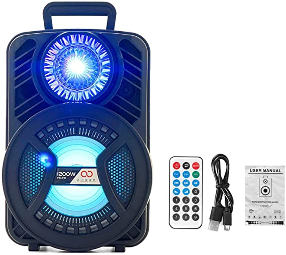 1200W Portable Bluetooth Loudspeaker - 8”Subwoofer System, with Woofer & Tweeter,USB/MP3/Multi-Color LED Lights, Built-in Rechargeable Battery w/Remote Control