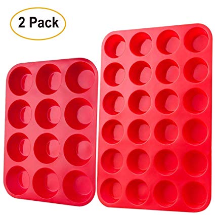 HelpCuisine Muffin Tray Silicone Bakeware/Silicone Muffin Pan Cupcake Tray, Non-stick Bakeware Set of 2 pcs 12 & 24 Cups Silicone Muffin Tray, 24 months Warranty (RED)