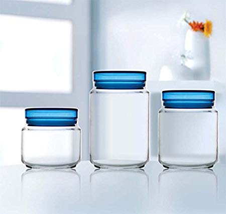 Luminarc Colorllicious Glass Food Storage Jar - 0.5 L, 0.75 L, 1 L ,Pack Of 3, (Blue Lid)