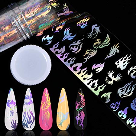 Nail Foil Transfer Sticker, Kissbuty Holographic Flame Nail Art Stickers Tips Wraps Foil Transfer Adhesive Glitters Acrylic DIY Nail Decoration Flame Desigh