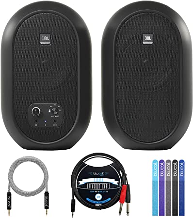 JBL Professional 1 Series 104-BT Compact Reference Monitors with Bluetooth (Pair) Bundle with Blucoil 5-FT 3.5mm TRS to Dual 1/4" TS Male Audio Cable, 5-FT Audio Cable and 5X of Reusable Cable Ties