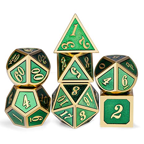 Meatl Dice Set D&D, 7 die Glitter Green DND Dice with Silver Metal Case Dungeons and Dragons Role Playing Game and Tabletop Games