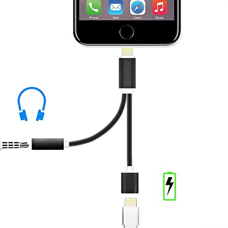 Outeam 2 in 1 Lightning Adapter for iphone 7/7 plus,Lightning Adapter and Charger, lightning to 3.5 mm headphone jack adapter (black)