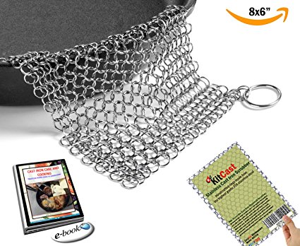KitCast The Original 8"x6" Stainless Steel Cast Iron Cleaner Chainmail Scrubber for Cast Iron Pan Pre-Seasoned Pan Dutch Ovens Waffle Iron Pans Scraper Cast Iron Grill Scraper Skillet Scraper (KCL316)