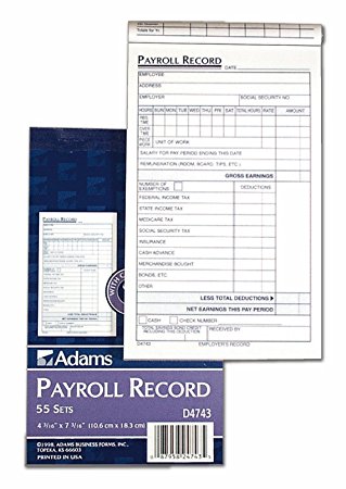 Adams Employee Payroll Record Book, 4.19 x 7.19 Inches, White and Canary, 2-Part, 55 Sets (D4743)