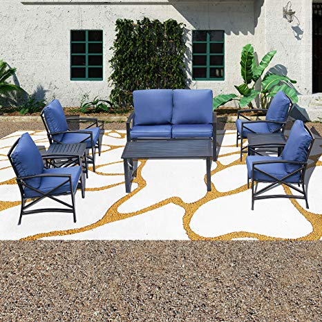 Patio Festival ® 8 PCS Outdoor Padded Conversation Set w/Loveseat,Cushioned Chairs,Coffee Table,Side Tables,Patio Seating Metal Bistro Furniture Sofas (8 PCS, Blue)
