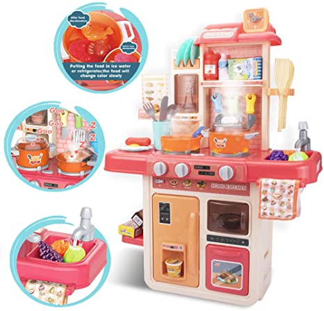 UNIH Kids Kitchen Sets for Girls Little Pretend Pink Play Kitchen Playset Toy with Realistic Lights & Sounds,Play Oven & Sink,Other Kitchen Accessories Toys for Girls and Boys