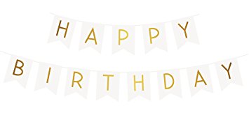 White Happy Birthday Bunting Banner with Shimmering Gold Letters