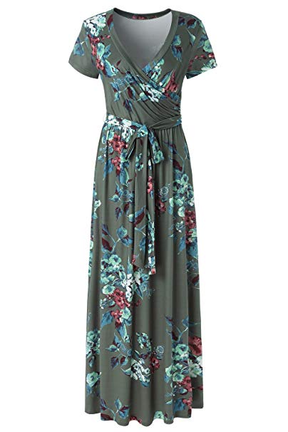 Kranda Womens Summer Vintage Floral Print Short Sleeve Maxi Long Dress